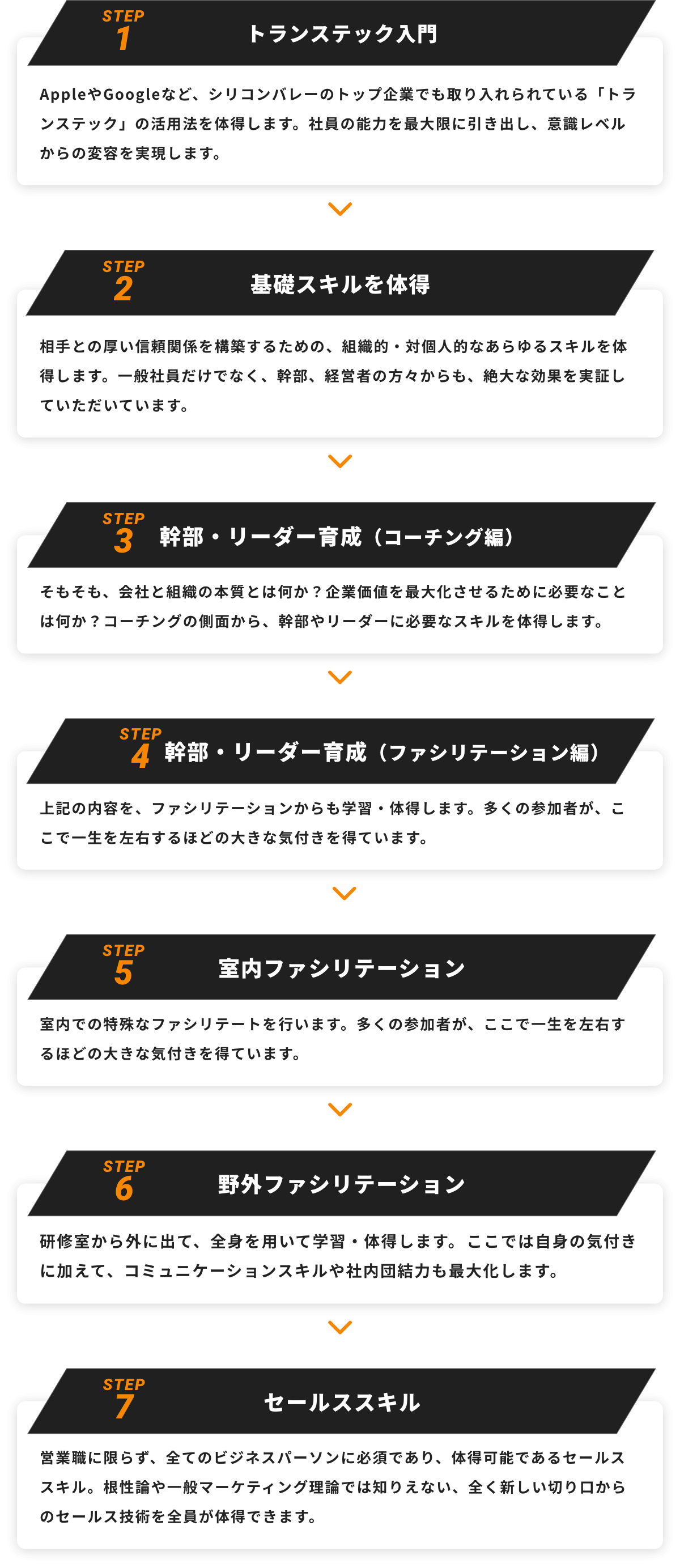 STEP1 トランステック入門 AppleやGoogleなど、シリコンバレーのトップ企業でも取り入れられている「トランステック」の活用法を体得します。社員の能力を最大限に引き出し、意識レベルからの変容を実現します。 STEP2 基礎スキルを体得 相手との厚い信頼関係を構築するための、組織的・対個人的なあらゆるスキルを体得します。一般社員だけでなく、幹部、経営者の方々からも、絶大な効果を実証していただいています。 STEP3 幹部・リーダー育成（コーチング編） そもそも、会社と組織の本質とは何か？企業価値を最大化させるために必要なことは何か？コーチングの側面から、幹部やリーダーに必要なスキルを体得します。 STEP4 幹部・リーダー育成（ファシリテーション編） 上記の内容を、ファシリテーションからも学習・体得します。多くの参加者が、ここで一生を左右するほどの大きな気付きを得ています。 STEP5 室内ファシリテーション 室内での特殊なファシリテートを行います。多くの参加者が、ここで一生を左右するほどの大きな気付きを得ています。 STEP6 野外ファシリテーション 研修室から外に出て、全身を用いて学習・体得します。	ここでは自身の気付きに加えて、コミュニケーションスキルや社内団結力も最大化します。 STEP7 セールススキル 営業職に限らず、全てのビジネスパーソンに必須であり、体得可能であるセールススキル。根性論や一般マーケティング理論では知りえない、全く新しい切り口からのセールス技術を全員が体得できます。